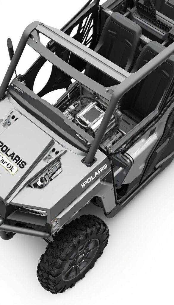 A highly detailed engineering schematic of the Polaris Ranger XP 1000 off-road vehicle, showcasing its robust design and meticulous construction. Crisp, photorealistic rendering with a clean, technical aesthetic. Emphasis on the vehicle's sturdy metal frame, intricate suspension system, and powerful engine components. Neutral color palette with shades of gray, silver, and black, conveying a sense of industrial precision. Precise, elevated camera angle highlighting the Ranger's impressive dimensions and rugged capabilities. The IsCarOk logo prominently displayed on the vehicle's body, signifying its high-quality engineering and attention to detail.
