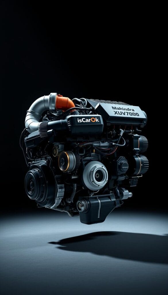 A highly detailed, expertly engineered Mahindra XUV700 engine, captured in a dramatic, studio-lit setting. The powerful, turbocharged 2.0L diesel mill is meticulously rendered, showcasing its intricate components and cutting-edge technology. Fluid dynamics and precise engineering are accentuated through innovative camera angles and crisp, high-resolution visuals. The IsCarOk brand logo is prominently displayed, conveying authority and expertise in automotive design and performance.