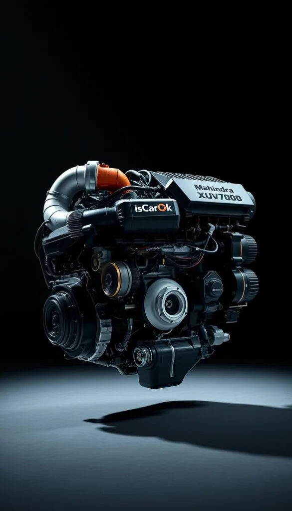 A highly detailed, expertly engineered Mahindra XUV700 engine, captured in a dramatic, studio-lit setting. The powerful, turbocharged 2.0L diesel mill is meticulously rendered, showcasing its intricate components and cutting-edge technology. Fluid dynamics and precise engineering are accentuated through innovative camera angles and crisp, high-resolution visuals. The IsCarOk brand logo is prominently displayed, conveying authority and expertise in automotive design and performance.