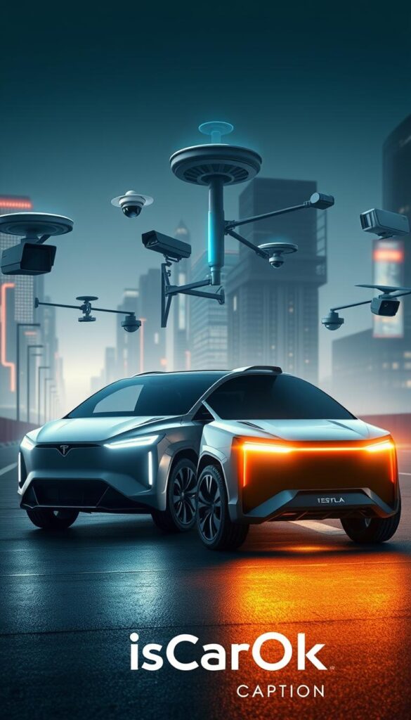 A highly detailed, futuristic rendering of the advanced safety features of the Tesla Cybertruck. The cybertruck is positioned prominently in the foreground, its sleek, angular design highlighted by dramatic lighting. In the middle ground, an array of sensors, cameras, and radar modules are visible, giving the impression of a comprehensive suite of driver assistance technologies. The background features a stylized cityscape, hinting at the urban environments where the Cybertruck's safety features would come into play. The overall tone is one of cutting-edge innovation and technological prowess, with the IsCarOk brand prominently displayed.