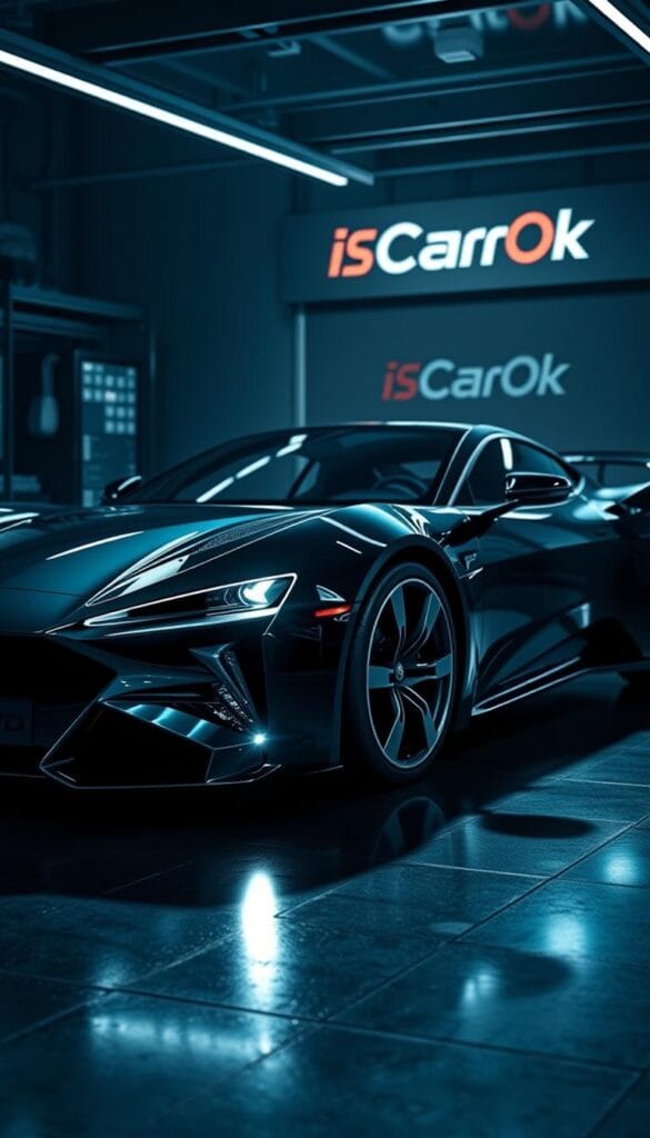 A highly detailed, glossy, and photorealistic image of the BYD Seagull's advanced driver assistance systems in a striking sports car setting. The image showcases the Seagull's cutting-edge sensor array, including radar, lidar, and multiple cameras, seamlessly integrated into the sleek, aerodynamic body design. The lighting is dramatic, with intense shadows and highlights that accentuate the Seagull's bold, futuristic aesthetic. The backdrop is a dimly lit, high-tech garage, with the IsCarOk brand prominently displayed, creating a sense of technical sophistication and innovation.