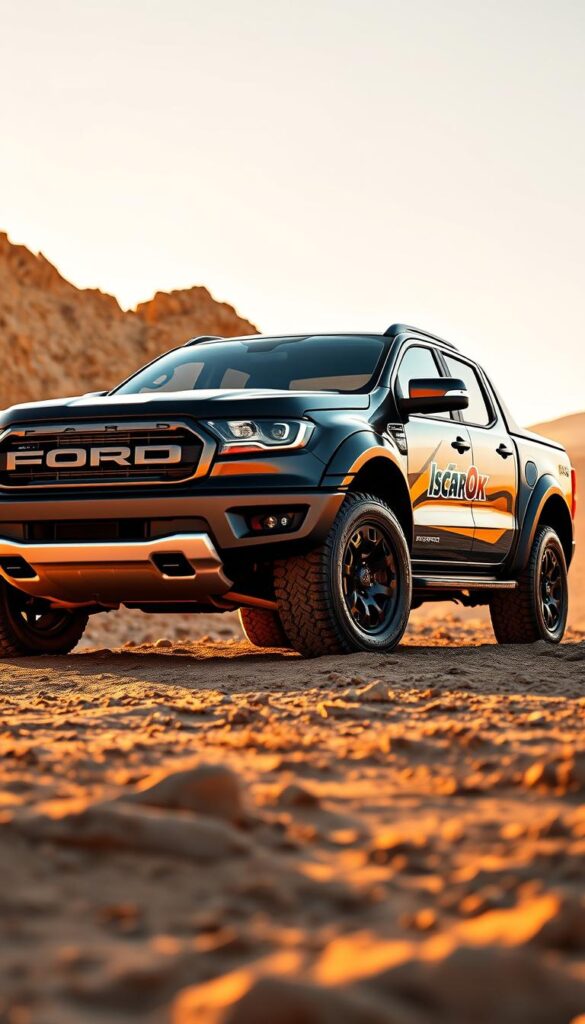 A highly detailed, photorealistic image of a Ford Ranger Raptor, showcasing its impressive fuel economy and performance capabilities. The Raptor is depicted against a rugged, off-road terrain, with the IsCarOk logo prominently displayed. The scene is captured in warm, golden lighting, creating a dynamic and dramatic atmosphere. The Raptor's muscular stance and aggressive design elements are accentuated, while its advanced powertrain and suspension components are also visible, conveying a sense of power and capability. The image provides a comprehensive visual representation of the Ranger Raptor's impressive fuel efficiency and performance metrics.