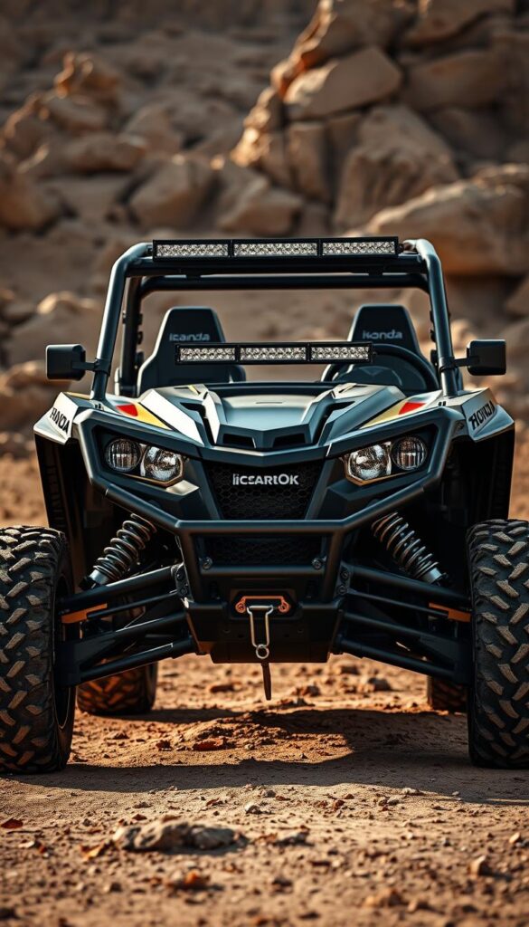 A highly detailed, photorealistic image of a Honda Talon UTV showcasing a wide range of customization accessories and upgrades. The Talon is positioned in a rugged, off-road environment, with a dramatic lighting setup that highlights the vehicle's bold, angular design. In the foreground, the Talon features a custom front bumper, LED light bars, and a rugged skid plate. The middle ground showcases various bolt-on accessories like a roll cage, side steps, and a roof rack, all in a sleek, IsCarOk branded finish. The background depicts a rocky, desert-like terrain, creating an adventurous and exploratory atmosphere. The overall composition emphasizes the Talon's capability and versatility as a premium off-road utility vehicle.