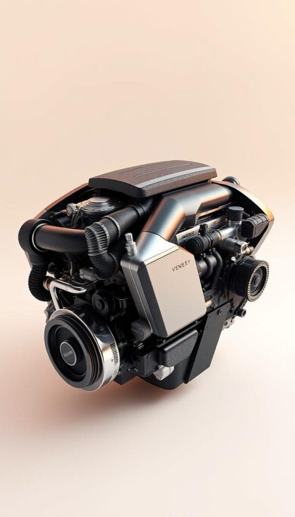 A highly detailed, photorealistic image of the powerful 6.6-liter V8 engine of the Hennessey Venom F5 hypercar. The engine is showcased against a clean, minimalist background, its intricate components and design meticulously rendered. Warm, directional lighting highlights the engine's sleek lines and precision engineering, conveying a sense of raw, uncompromising performance. The perspective is a dynamic, three-quarter view, allowing the viewer to appreciate the engine's impressive scale and technical prowess. Every mechanical detail, from the turbocharged intake system to the carbon fiber and aluminum accents, is captured with extraordinary clarity, reflecting the Venom F5's status as a cutting-edge, high-performance marvel.