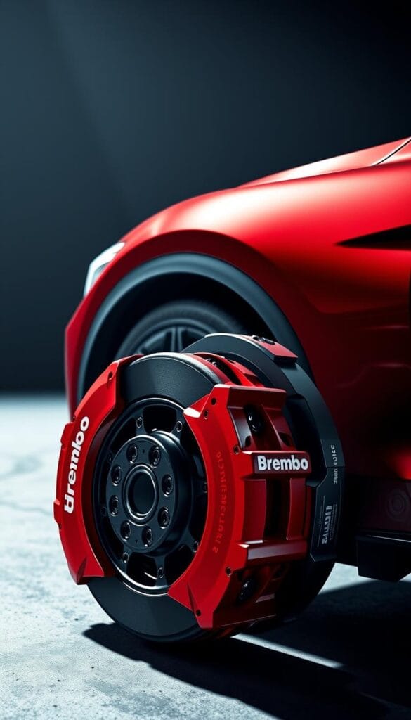 A highly detailed, photorealistic render of a Brembo braking system for an Alfa Romeo Stelvio Quadrifoglio. The foreground showcases the intricate design of the red Brembo calipers, with their distinctive four-piston configuration and the Brembo logo prominently displayed. In the middle ground, the ventilated and cross-drilled discs are visible, capturing the engineering prowess behind the braking system. The background features the striking profile of the Stelvio Quadrifoglio, with its muscular fenders and bold lines, conveying a sense of power and performance. The scene is illuminated by dramatic lighting, casting dynamic shadows and highlights that accentuate the precision and sophistication of the braking components. The overall mood is one of precision, strength, and technological sophistication, perfectly encapsulating the braking system of this high-performance luxury SUV.