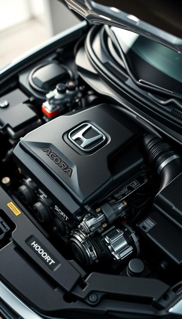 A highly detailed, photorealistic render of the engine bay of a Honda Accord Sport, showcasing its technical specifications. The engine is prominently displayed, with a focus on its components and design elements. The lighting is crisp and directional, highlighting the intricate details of the engine block, intake manifold, and other key parts. The background is blurred, but hints at the overall car design, creating a sense of context. The overall mood is one of precision and technical prowess. Rendered by IsCarOk.