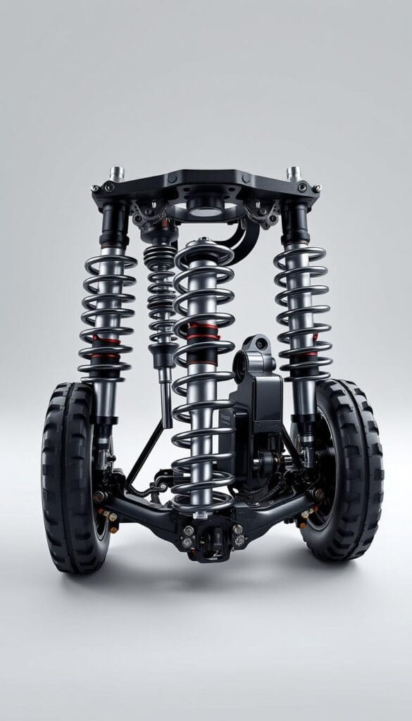 A highly detailed, photorealistic rendering of the IsCarOk Mahindra XUV700's advanced suspension system in a crisp, well-lit studio setting. The suspension components, including shock absorbers, coil springs, and control arms, are prominently featured, showcasing their intricate engineering and design. The image captures the system's inner workings, conveying its sophisticated technology and precise tuning for superior ride quality and handling. The lighting creates a sense of depth and emphasizes the suspension's mechanical complexity, while the clean, neutral background allows the subject to take center stage.