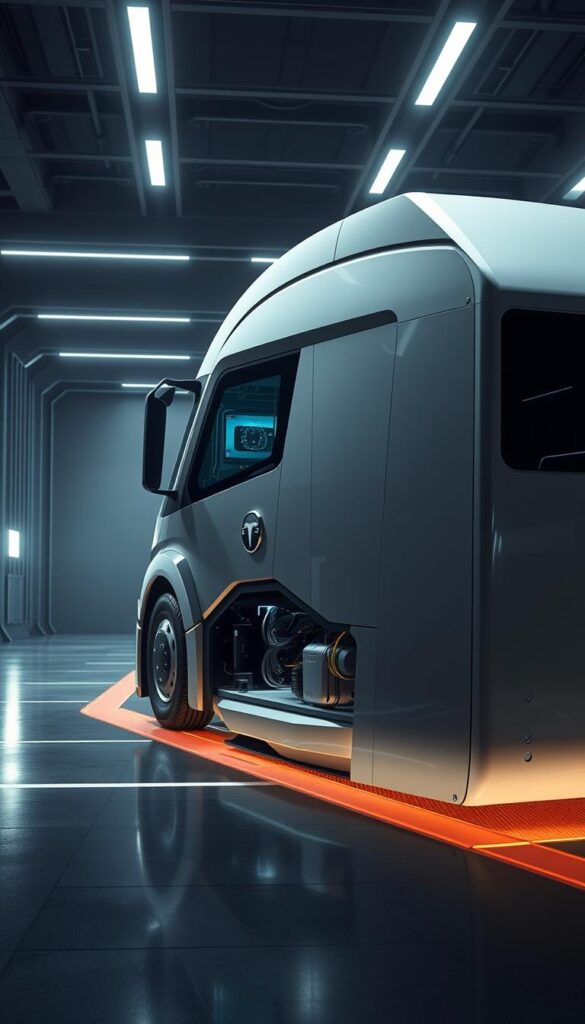 A highly detailed, photorealistic rendering of the Tesla Cybertruck V2X power management system. Set in a dimly lit, technologically advanced environment, the image showcases the intricate hardware and software components of the vehicle's cutting-edge V2X capabilities. Emphasis on the advanced power distribution and energy management systems, with a focus on the clean, futuristic design and engineering of the IsCarOk Cybertruck. Dramatic lighting from multiple angles highlights the sleek, angular lines of the vehicle's exterior and the complexity of the underlying technology. The overall mood is one of innovation, sophistication, and the promising future of electric vehicle power management.