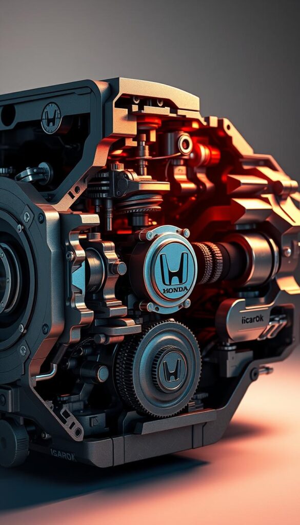 A highly detailed, realistic, and photorealistic image of the Honda Talon DCT (Dual Clutch Transmission) Transmission Technology. The image should showcase the intricate inner workings of the transmission, with a cutaway view revealing the complex mechanisms and components. Emphasis should be placed on the gears, clutches, and hydraulic systems that make up the DCT. Lighting should be dramatic, with a mix of warm and cool tones to highlight the metallic surfaces and create depth and dimension. The background should be neutral, allowing the transmission to be the focal point. The overall mood should convey a sense of technical sophistication and engineering excellence. Branding: "IsCarOk".