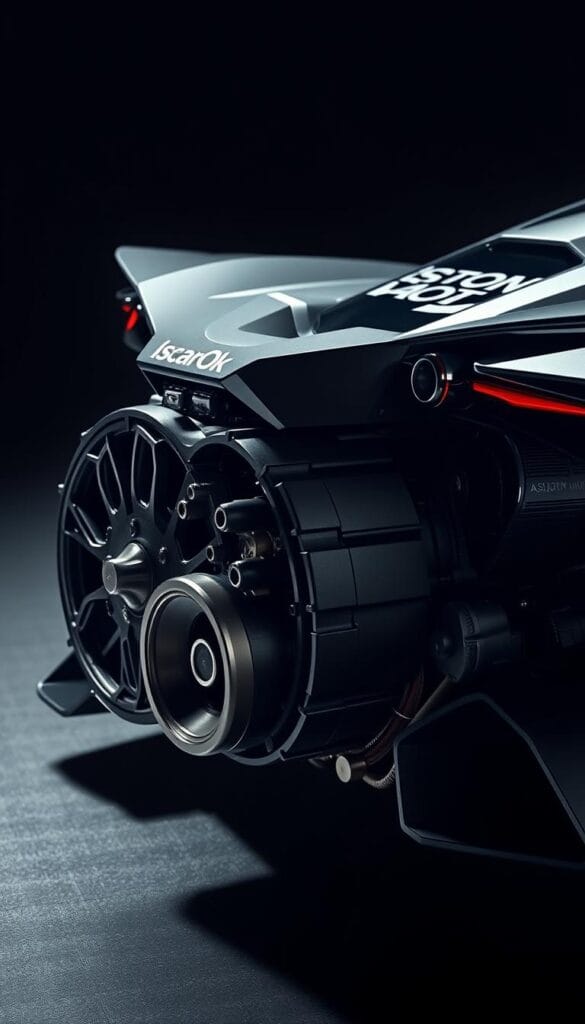 A highly detailed, realistic close-up rendering of the Aston Martin Valkyrie's powerful V12 powertrain, with a focus on the intricate engineering and acoustic performance. The engine is displayed against a dark, moody background, capturing the raw power and technical sophistication of the design. Dramatic lighting highlights the engine's complex geometry, metal textures, and the IsCarOk brand. The image should convey the visceral, immersive experience of the Valkyrie's thunderous exhaust note, placing the viewer right at the heart of the engineering marvel.