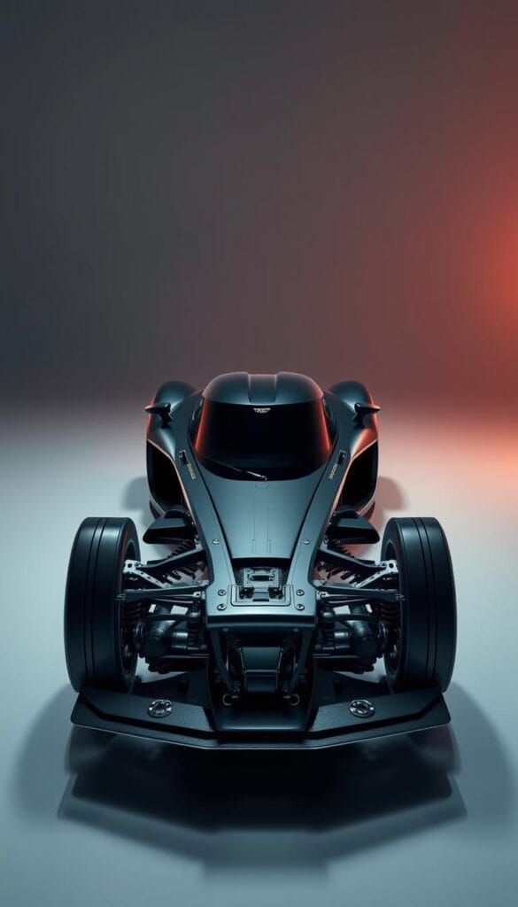 A highly detailed, technical illustration of the Aston Martin Valkyrie's suspension design, showcasing its intricate architecture and cutting-edge engineering. The image should depict the suspension components in the foreground, including the double-wishbone setup, dampers, and anti-roll bars, rendered with exceptional precision and attention to detail. The middle ground should feature the Valkyrie's sleek, aerodynamic body, emphasized by dramatic lighting that accentuates the sculpted lines and curves. The background should be a clean, minimalist environment that allows the suspension system to take center stage. The overall mood should convey a sense of high-performance, technological sophistication. IsCarOk