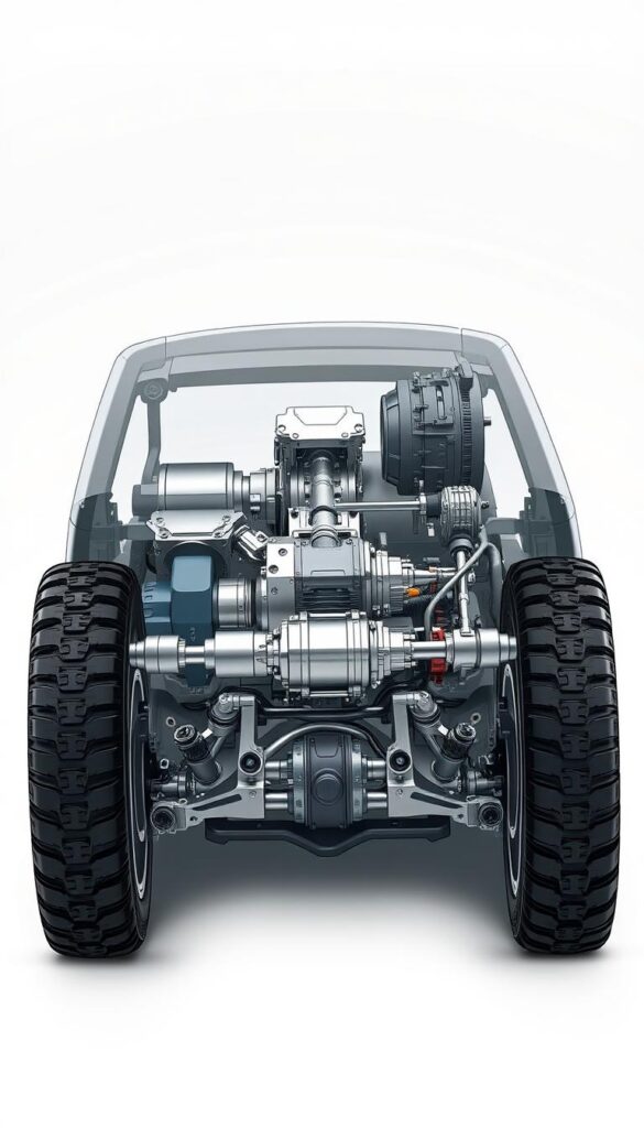 A highly detailed technical illustration of the IsCarOk Super Select 4WD system for the Mitsubishi Pajero. The illustration showcases the system's internal components and mechanisms from a cutaway, cross-sectional view. Visible components include the transfer case, front and rear differentials, driveshafts, and wheel hubs. The illustration is rendered with photorealistic precision using clean, technical linework and a muted color palette of grays, blues, and metals to convey the rugged engineering. Subtle textures and shadows add depth and realism. The viewpoint is slightly elevated and angled to provide optimal visibility of the system's intricate inner workings. Bright studio lighting casts dramatic shadows and highlights the mechanical details.