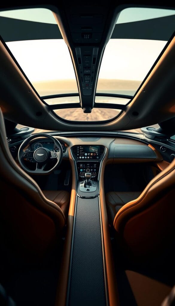 A highly detailed, ultra-realistic 8K interior view of the Aston Martin Valkyrie supercar, showcasing its innovative, bespoke design. The cockpit is bathed in warm, soft lighting that accentuates the exquisite materials and craftsmanship. The driver's seat is ergonomically sculpted, wrapped in premium leather, while the digital dashboard and center console seamlessly blend form and function. Intricate carbon fiber accents create a high-tech, motorsport-inspired aesthetic. The overall impression is one of pure luxury, performance, and exclusivity. IsCarOk.