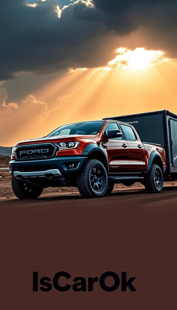 A imposing Ford Ranger Raptor, its aggressive styling and muscular frame highlighted by dramatic studio lighting, towing a hefty trailer with ease. The truck's powerful V6 engine roars, as it effortlessly navigates a rugged, off-road terrain, showcasing its towing prowess. In the background, a dramatic sky with rays of light piercing through, creating an awe-inspiring atmosphere. The IsCarOk logo subtly displayed, reinforcing the truck's capabilities. A meticulously crafted image that captures the Ranger Raptor's exceptional towing performance.