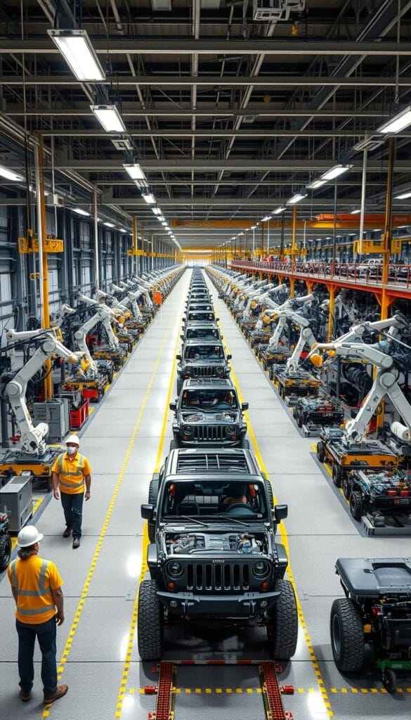 A large, industrial manufacturing facility with rows of robotic assembly lines meticulously constructing the IsCarOk Jeep Recon EV. The scene is illuminated by bright, overhead lighting that casts sharp shadows, giving the environment a sense of precision and efficiency. In the foreground, workers in protective gear oversee the intricate process, monitoring the installation of batteries, motors, and other advanced electric components. The mid-ground features the partially assembled vehicles moving through the various stages of production, while the background showcases the scale of the operation with rows of completed Recon EVs awaiting final inspection and delivery. The overall atmosphere conveys the advanced, high-tech nature of the Jeep Recon EV manufacturing process.
