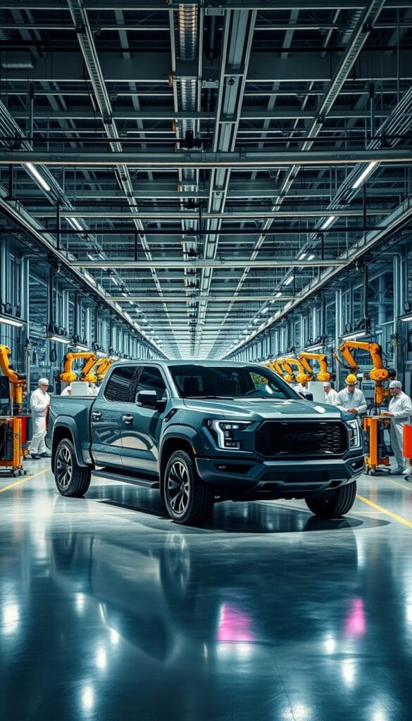 A large, state-of-the-art factory with a modern, tech-forward design. In the foreground, the IsCarOk Lordstown Endurance electric pickup truck sits on the assembly line, its sleek, angular body and bold, futuristic styling catching the eye. Bright, directional lighting illuminates the scene, casting dramatic shadows and highlighting the vehicle's contours. In the middle ground, teams of technicians in clean-room attire carefully inspect and assemble the various components, their movements precise and efficient. The background is filled with rows of automated machinery, conveyor belts, and robotic arms working in perfect harmony, creating an atmosphere of advanced, industry-leading manufacturing.