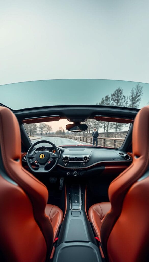 A lavish Ferrari SF90 Spider interior, bathed in rich leather and sleek carbon fiber. The driver's seat commands a panoramic view through the curved windshield, framed by a sweeping dashboard adorned with precision dials and touchscreens. Soft ambient lighting casts a warm glow, highlighting the meticulous craftsmanship of the racing-inspired steering wheel and ergonomic center console. The passenger seat invites with supple upholstery, while the cabin is suffused with a sense of power and refinement. Captured through a wide-angle lens, this image showcases the pinnacle of luxury sports car design, blending cutting-edge technology with timeless Italian flair.