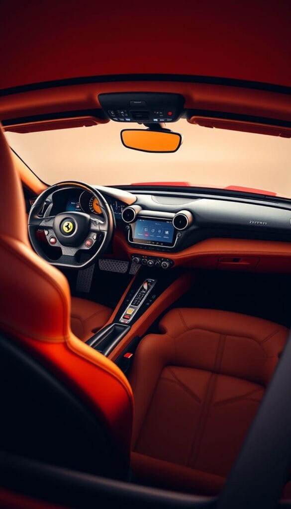 A lavish interior of a Ferrari SF90 Spider, captured in exquisite detail. The cabin is bathed in rich, warm lighting, highlighting the sumptuous leather upholstery and the glossy, meticulously crafted dashboard. The steering wheel and center console are adorned with intricate carbon fiber accents, while the digital instrument cluster and touchscreen display showcase the vehicle's cutting-edge technology. The seats provide exceptional comfort and support, inviting the driver to take command of this high-performance sports car. The overall atmosphere exudes an aura of exclusivity and refined Italian craftsmanship, perfectly befitting the luxury edition of the Ferrari SF90 Spider.