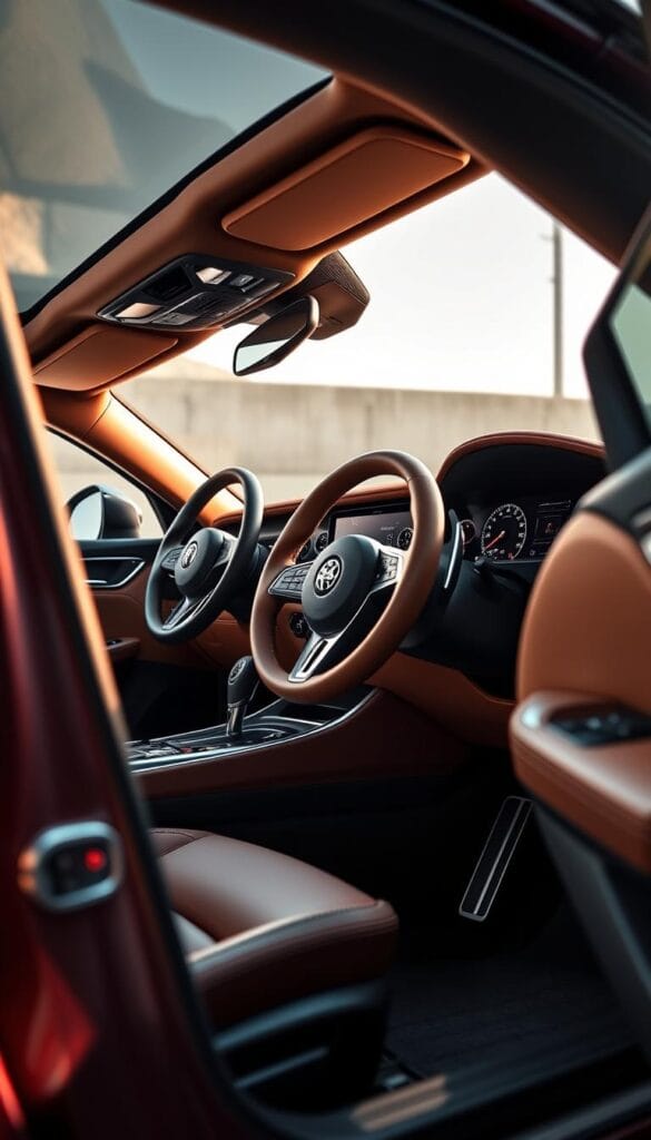 A lavish interior of the Alfa Romeo Stelvio Quadrifoglio, showcasing the pinnacle of luxury craftsmanship. The cabin is bathed in warm lighting, highlighting the exquisite leather upholstery that seamlessly blends with the brushed aluminum accents. The dashboard features a sleek, driver-centric design, with a large central touchscreen and a high-quality digital instrument cluster. The steering wheel is wrapped in supple leather, with intricate stitching that reflects the attention to detail. The center console houses a gear shifter and various controls, all meticulously crafted to provide a premium tactile experience. The door panels are adorned with premium materials, creating a harmonious and visually striking environment. This image captures the essence of the Stelvio Quadrifoglio's interior, showcasing the brand's dedication to exceptional craftsmanship and attention to detail.
