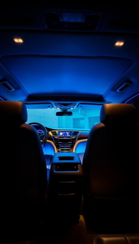 A lavishly appointed Cadillac Escalade interior, the cabin illuminated by a soft, ambient glow. The dashboard and center console emit a subtle blue-white light, casting a warm hue across the supple leather upholstery and polished wood trim. Recessed lighting in the headliner bathes the spacious cabin in a gentle, even illumination, highlighting the intricate stitching on the seats. Ambient lighting strips along the door panels and footwells provide a tasteful, accent lighting, elevating the overall sense of luxury and sophistication. The scene is captured from a slightly elevated, three-quarter angle, showcasing the Escalade's expansive, premium-appointed interior in all its inviting glory.