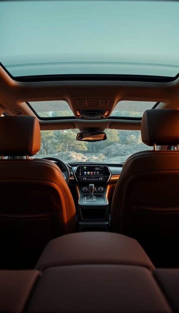A lavishly appointed Mitsubishi ASX 2025 interior, bathed in warm ambient lighting. The driver's seat, upholstered in supple, hand-stitched leather, invites you to sink in and take command. Elegant wood trim accents the dashboard, while a state-of-the-art infotainment system dominates the center console, its crisp display showcasing the latest in connectivity. Soft-touch materials line the door panels, complemented by plush, supportive headrests. Expansive windows flood the cabin with natural light, creating a sense of spaciousness and luxury. The overall aesthetic seamlessly blends modern design with premium craftsmanship, exuding an air of refined sophistication.