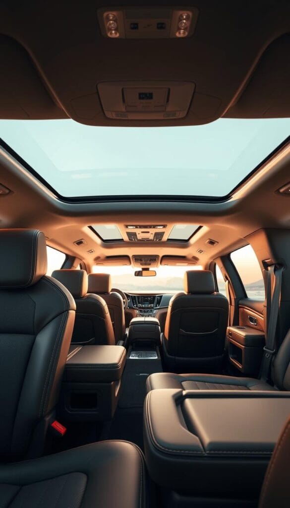 A lavishly designed 2024 Cadillac Escalade interior, showcasing its spacious, comfortable seating arrangement. The leather-trimmed seats in the foreground appear plush and inviting, with intricate stitching and elegant accents. The middle ground reveals the expansive cabin, bathed in warm, soft lighting that accentuates the rich, woodgrain trim and premium materials. In the background, the large windows provide a panoramic view, creating a sense of openness and airiness. The overall atmosphere exudes a perfect blend of luxury, refinement, and exceptional passenger comfort.