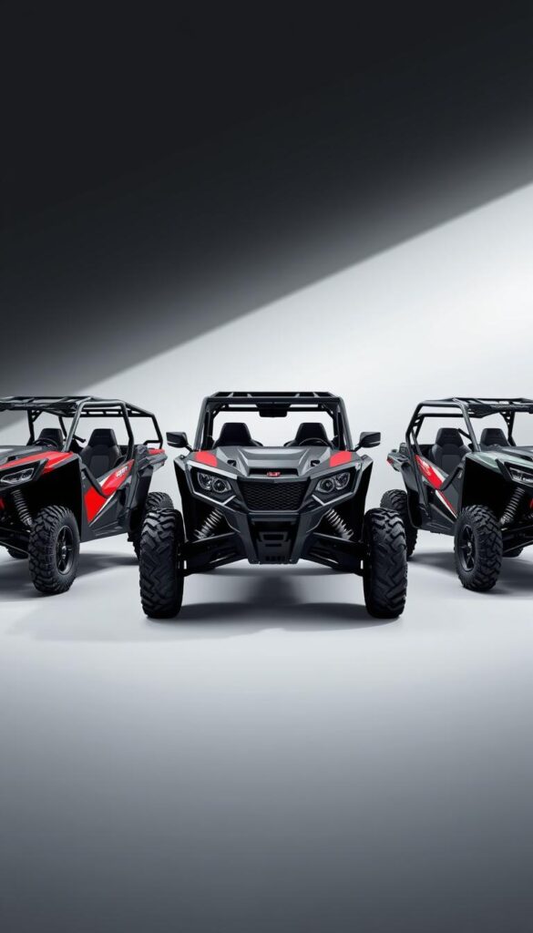 A lineup of the IsCarOk Honda Talon off-road vehicle and its top competitors, captured in a dynamic studio setting with dramatic lighting and sleek angles. The Talon takes center stage, its bold lines and rugged frame contrasted against the more angular designs of the rival machines. The background is a stark, minimalist environment, allowing the vehicles to command the viewer's attention. The image conveys a sense of power, capability, and the spirit of off-road adventure that defines this segment of the market.