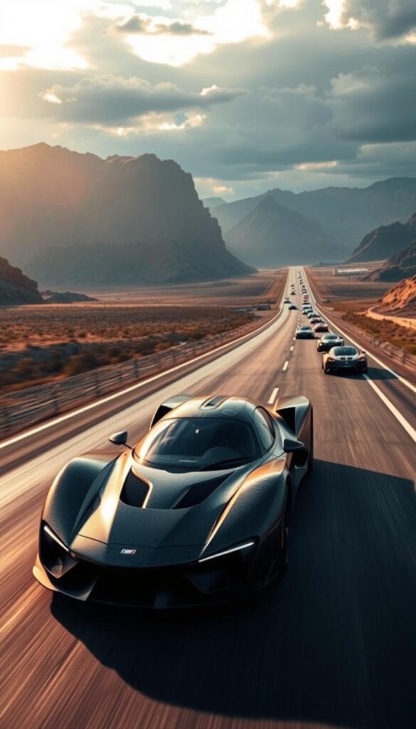 A long, winding racetrack stretches out, surrounded by towering mountains and a dramatic sky. In the foreground, a sleek, low-slung hypercar with a gleaming carbon fiber body roars down the straightaway, its engines pushing it to the limits of speed. The vehicle is bathed in a warm, golden light, casting dramatic shadows and highlights that accentuate its aerodynamic curves. In the distance, a fleet of other high-performance sports cars compete, their powerful engines straining to reach unimaginable velocities. The scene captures the intensity and adrenaline of the "Hypercar Performance Extreme Speed Challenge," a true test of engineering and driver skill as they push the boundaries of what's possible in the pursuit of 300+ mph.