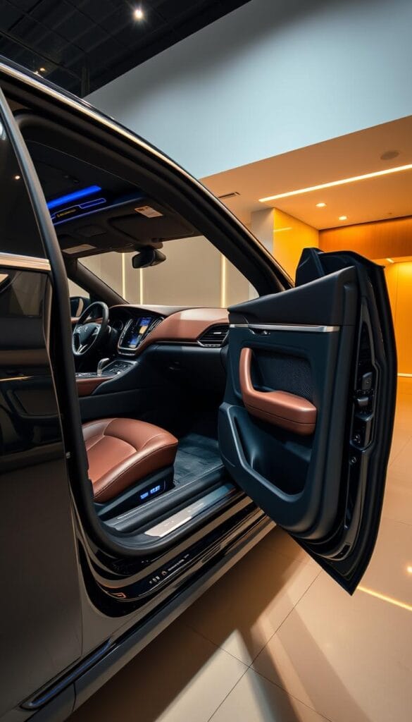 A luxurious 2024 Maserati Levante SUV, showcasing its premium sound system. The vehicle is parked in a sleek, modern showroom with warm, directional lighting illuminating its elegant exterior. The camera angle focuses on the front passenger-side door, revealing the high-end audio components and speaker grilles. Plush leather seats and a meticulously designed dashboard create an aura of sophisticated craftsmanship. The Levante's powerful presence is accentuated by reflections on the polished chrome trim and glossy, Nero Ribelle paintwork. Subtle details, such as carbon fiber accents and precision-engineered controls, convey the vehicle's technological prowess and attention to detail.