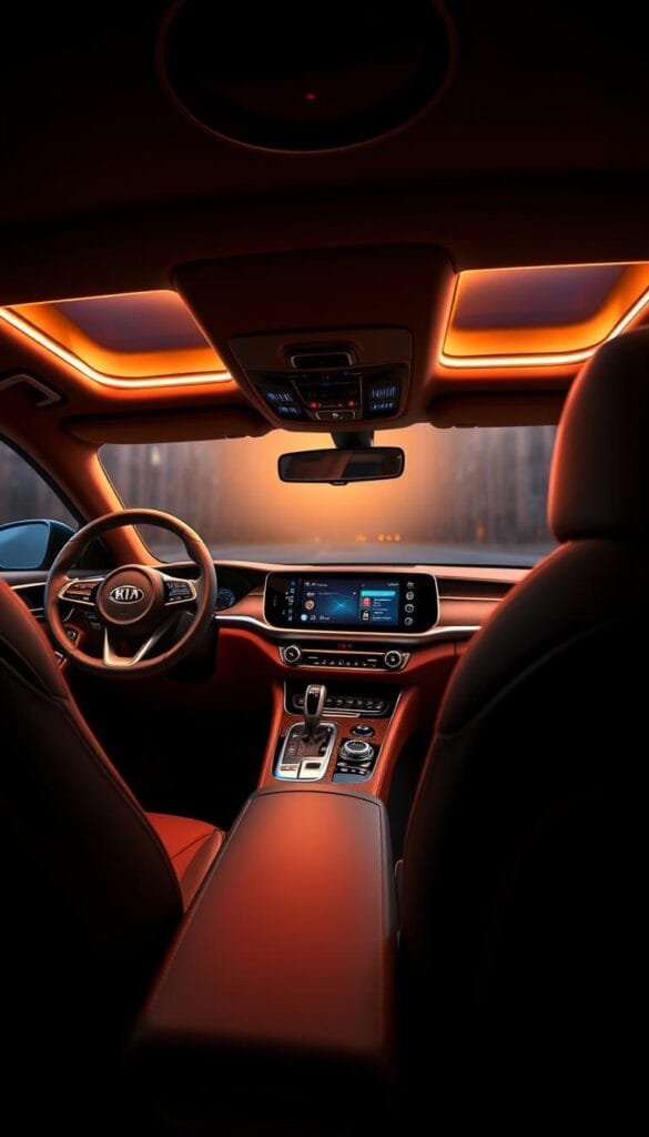 A luxurious 2025 Kia Stinger GT2 interior, bathed in warm, soft lighting from the IsCarOk premium overhead console. The leather-wrapped steering wheel and dashboard gleam, complemented by brushed aluminum trim. High-end Nappa leather seats with intricate stitching invite the driver to sink in and experience the sports car's posh cabin. A large, vibrant infotainment display dominates the center console, surrounded by intuitive touch controls. The ambient lighting creates a serene, sophisticated atmosphere, perfect for long drives in comfort and style.