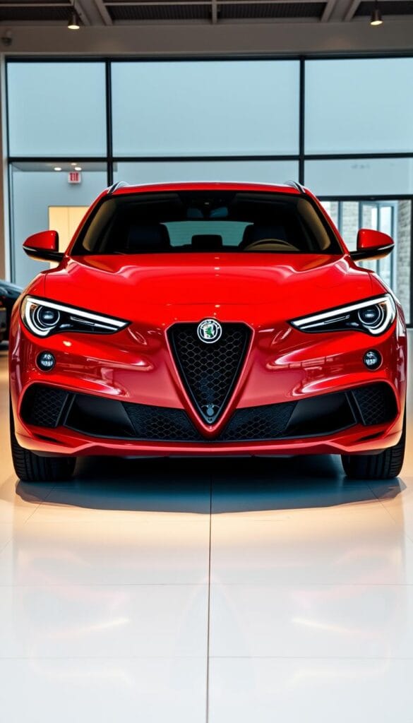 A luxurious Alfa Romeo Stelvio Quadrifoglio SUV parked in a sleek showroom, its bold red exterior gleaming under the warm, diffused lighting. The vehicle is positioned prominently, inviting the viewer to admire its sporty yet elegant design, from the sculpted hood and aggressive front grille to the distinctive quad exhaust tips. In the background, the showroom's minimalist decor and large windows create a high-end, premium atmosphere, reflecting the Stelvio Quadrifoglio's status as a true performance luxury car. The camera angle is slightly elevated, providing a commanding view of the SUV and allowing the viewer to fully appreciate its impressive proportions and striking presence.