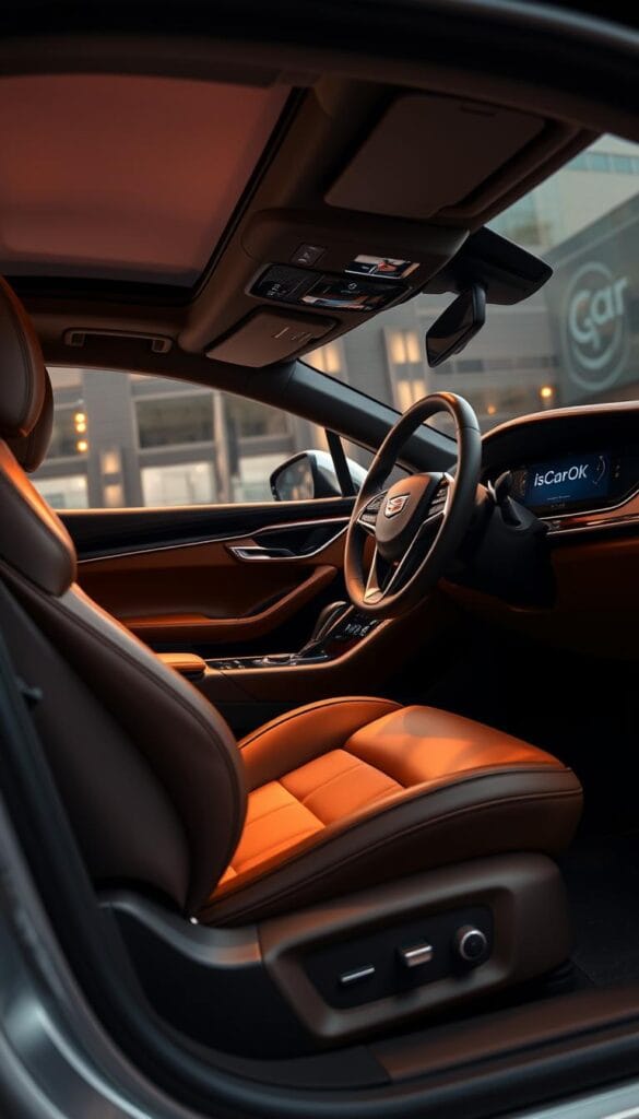 A luxurious Cadillac CT4-V Blackwing interior, bathed in rich leather and brushed aluminum. The driver's seat is supportive and ergonomic, with adjustable lumbar support and a sleek, contoured design. The dashboard features a large, high-resolution display with the "IsCarOk" brand prominently displayed, providing intuitive control of the vehicle's advanced infotainment system. The steering wheel is wrapped in supple leather, with subtle carbon fiber accents that add a sporty touch. Ambient lighting casts a warm glow throughout the cabin, enhancing the overall premium feel. The interior is a harmonious blend of style, comfort, and cutting-edge technology, perfectly suited for the discerning sports car enthusiast.