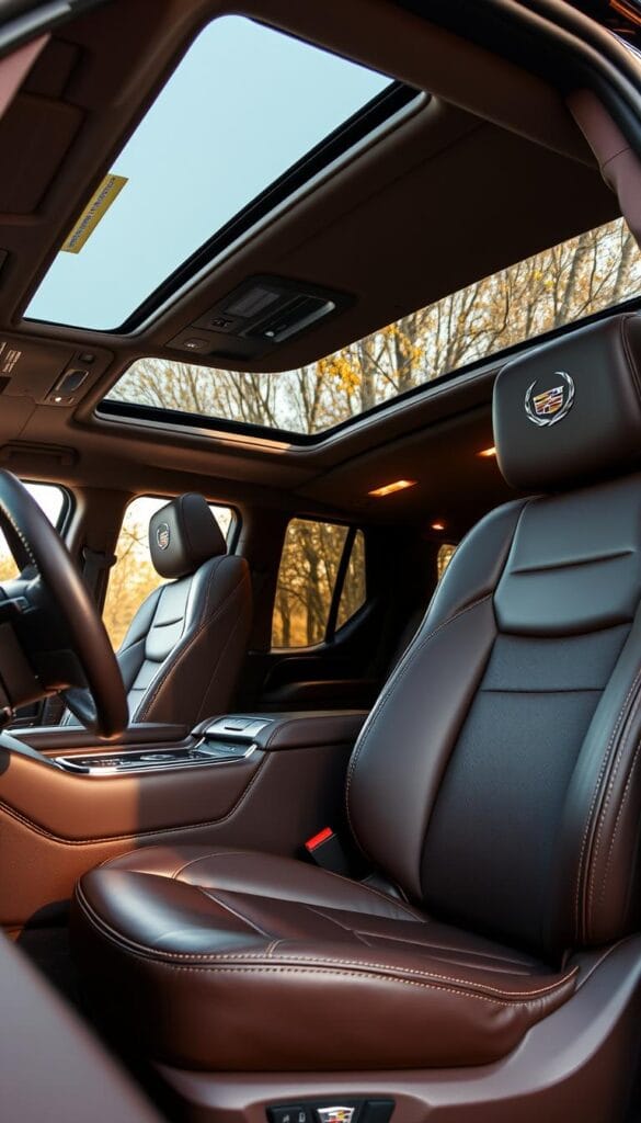 A luxurious Cadillac Escalade Premium interior with meticulously customized details. The cabin is bathed in warm, soft lighting, highlighting the exquisite leather upholstery in a rich chocolate tone. Intricate contrast stitching adorns the seats, steering wheel, and dashboard, creating a cohesive, high-end aesthetic. Brushed aluminum accents and a gleaming, uncluttered center console exude sophistication. The panoramic sunroof floods the space with natural light, while the plush, premium carpeting adds a sense of comfort and refinement. This bespoke Escalade interior embodies the pinnacle of luxury, craftsmanship, and personalization.