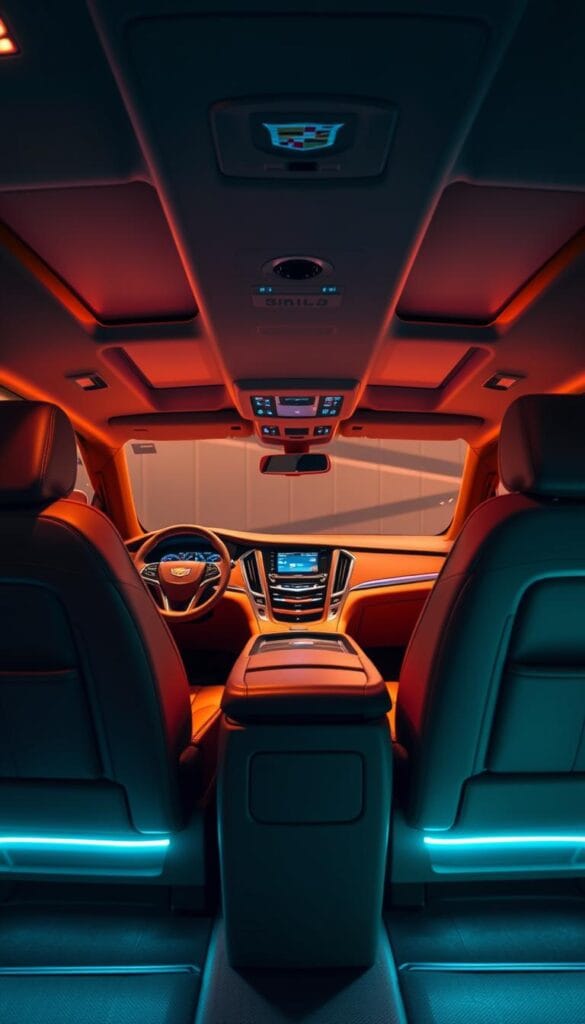 A luxurious Cadillac Escalade interior, bathed in warm, soft lighting and premium materials. The spacious, leather-wrapped front seats offer supreme comfort, with heating and ventilation controls within easy reach. The center console houses a large, high-resolution touchscreen display, seamlessly integrated into the dashboard. The driver's instruments are displayed on a crisp, digital display, providing vital information at a glance. The rear seats offer ample legroom and headroom, with individual climate controls and entertainment screens. Ambient lighting accents the door panels and foot wells, creating a soothing, upscale ambiance. The Escalade's refined, contemporary design exudes sophisticated comfort and convenience.