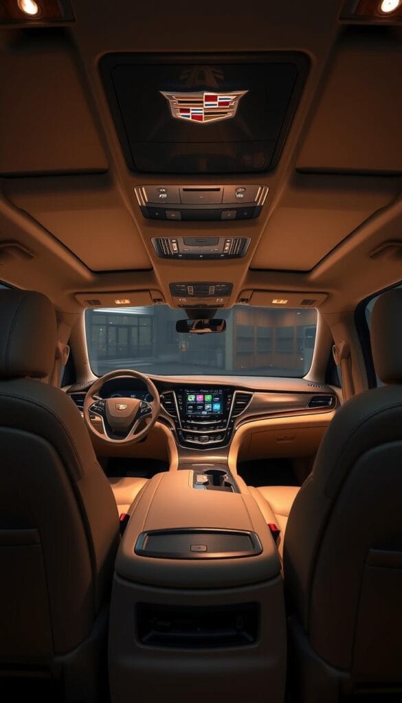 A luxurious Cadillac Escalade interior in soft beige leather, with rich wood accents and brushed metal trim. The spacious cabin is bathed in warm, ambient lighting, creating a premium, refined atmosphere. Plush, supportive seats offer exceptional comfort, while the dashboard features a large, high-resolution infotainment display. The center console houses intuitive controls, while the steering wheel is wrapped in supple leather. Subtle yet elegant design elements and attention to detail convey a sense of modern sophistication throughout the interior space.