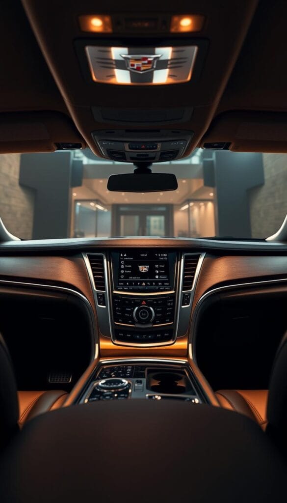 A luxurious Cadillac Escalade interior, the dashboard's center console showcasing a sleek, brushed aluminum Bang & Olufsen audio system. Intricate speaker grilles and controls lining the dashboard and door panels, creating a 36-speaker surround sound experience. Warm ambient lighting casts a soft glow, highlighting the premium materials and meticulous craftsmanship. The car's interior is bathed in rich, dark leather and wood accents, exuding an air of sophistication and power. The image is captured from a low, slightly angled perspective, emphasizing the system's impressive scale and immersive audio dynamics.