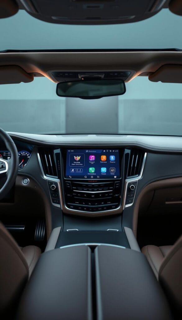 A luxurious Cadillac Escalade interior, with a sleek and modern infotainment system taking center stage. The dashboard displays a large, high-resolution touchscreen, surrounded by polished metal accents and premium leather upholstery. The infotainment interface showcases vibrant graphics, intuitive controls, and seamless smartphone connectivity, allowing the driver and passengers to easily access music, navigation, and various connected features. Soft ambient lighting and a high-end sound system create a refined, immersive entertainment experience. The scene is captured in a crisp, detailed wide-angle perspective, highlighting the Escalade's impressive interior design and advanced technological capabilities.
