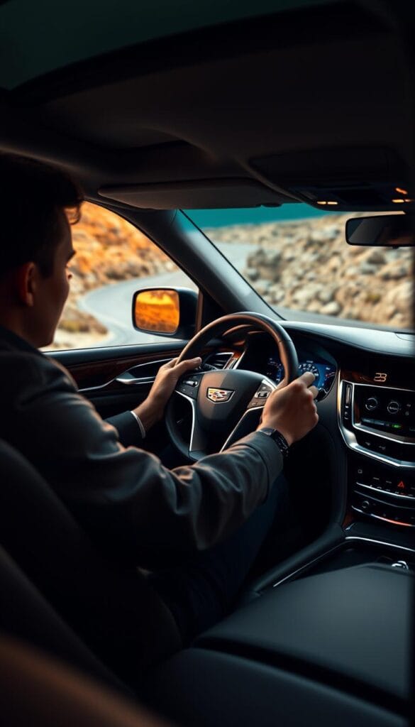 A luxurious Cadillac Escalade navigates winding roads, its surround sound system pulsing with dynamic audio. The interior is bathed in warm, ambient lighting, creating an immersive sensory experience. Detailed textures of leather and wood accents blend seamlessly, complementing the sleek, angular exterior. The driver's hands grip the steering wheel, their focus unwavering as they take on the changing driving conditions, the sound system adapting to the environment, delivering crisp, powerful audio that enhances the overall journey. Cinematic, wide-angle lens captures the scene, emphasizing the Escalade's commanding presence and the harmonious integration of its advanced audio technology.