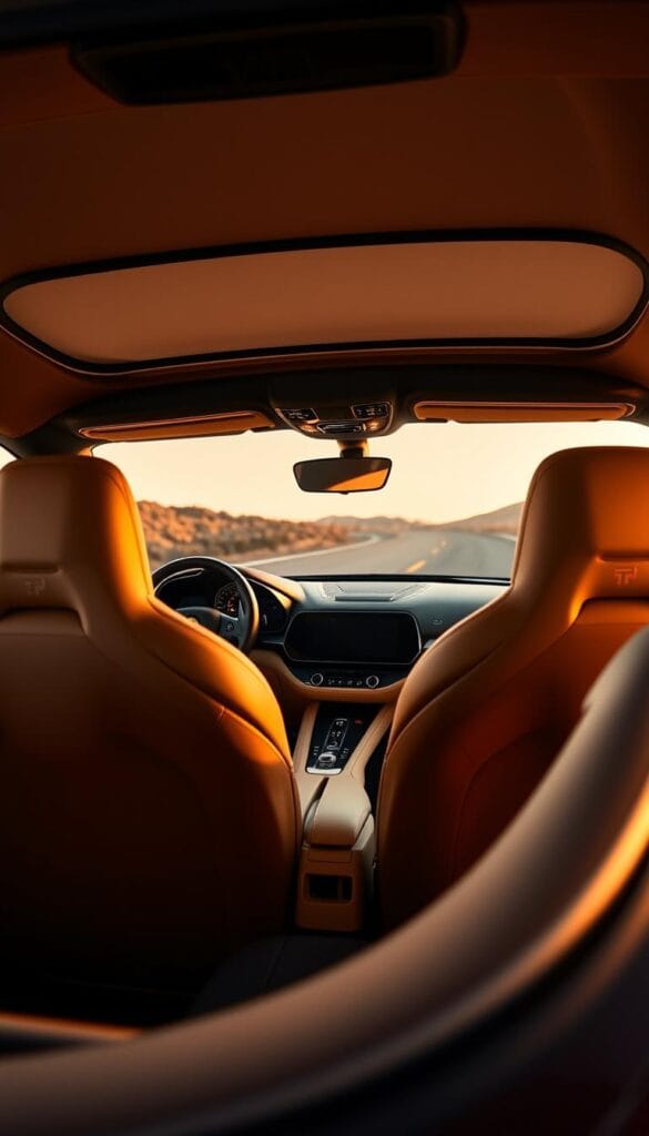 A luxurious Ferrari SF90 Spider interior, bathed in warm, soft lighting that accentuates the high-quality materials and meticulous craftsmanship. The driver's seat is clad in supple, perfectly stitched leather, inviting the occupant to sink in and experience the premium cabin. The sweeping dashboard features a large, curved central display and a minimalist, ergonomic layout of tactile, metallic controls. Ambient lighting sets a refined, sophisticated mood, while the expansive windshield offers a panoramic view of the road ahead. Elegant carbon fiber accents and polished aluminum trim elements add a touch of sportiness to the overall premium ambiance.