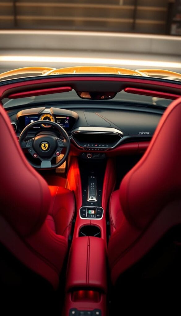 A luxurious Ferrari SF90 Spider interior, captured in stunning detail. The driver-focused cockpit boasts a sleek, high-tech design with a prominent digital instrument cluster and a large, responsive touchscreen display. The supple leather upholstery in a deep, rich red hue exudes sophistication, while polished metal accents and carbon fiber trim add a touch of sportiness. Ambient lighting casts a warm glow, creating a cozy and exclusive atmosphere. The ergonomic seats provide excellent support and comfort, perfectly complementing the car's thrilling performance. The image is shot from a low, dynamic angle, emphasizing the driver's commanding position and the sense of power and control within the cabin.