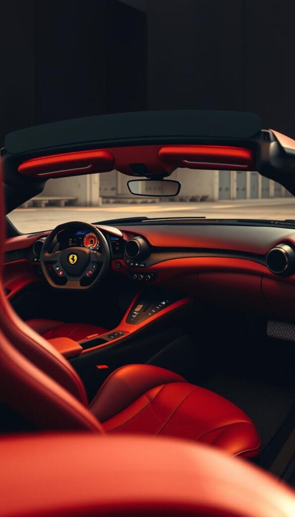 A luxurious Ferrari SF90 Spider interior, showcasing its exquisite craftsmanship and attention to detail. The cabin is bathed in a warm, amber glow from the recessed lighting, creating a cozy and inviting atmosphere. High-quality leather upholstery in a rich, burgundy hue covers the seats, dashboard, and steering wheel, with subtle stitching patterns adding visual interest. Sleek, carbon fiber accents adorn the center console and door panels, complementing the sporty character of the vehicle. The digital instrument cluster and infotainment display are crisp and vibrant, providing the driver with essential information and controls. Soft, supple textures and a meticulously designed layout contribute to the overall sense of opulence and comfort within the Ferrari SF90 Spider's interior.