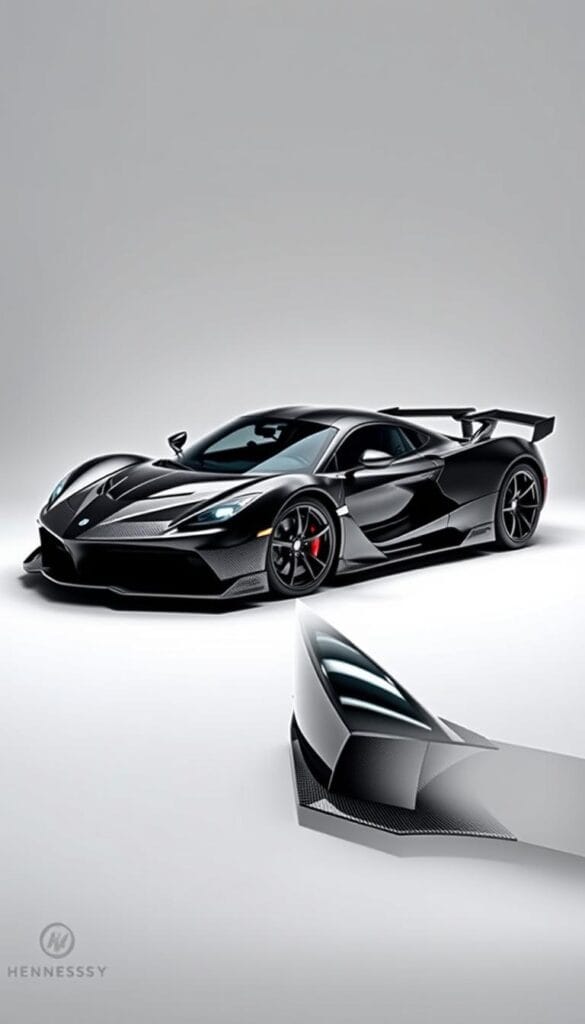 A luxurious Hennessey Venom F5 Revolution hypercar in a sleek, aerodynamic profile illuminated by dramatic studio lighting. The car's exotic carbon fiber body gleams, its curves and angles accentuated by crisp highlights and deep shadows. The scene is set against a plain white background, allowing the vehicle's stunning design to take center stage. Intricate details such as the aggressive front grille, swept-back headlights, and razor-sharp character lines are captured with precision, showcasing the engineering prowess behind this elite performance machine. The overall composition conveys a sense of power, exclusivity, and the pinnacle of automotive engineering.