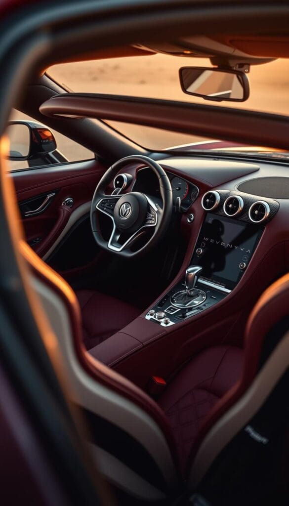 A luxurious Hennessey Venom F5 cockpit, bathed in warm, soft lighting. The interior features hand-stitched, rich burgundy leather upholstery, complemented by contrasting cream-colored accents on the dashboard, door panels, and center console. The steering wheel is wrapped in supple black leather, with subtle carbon fiber trim. Intricate silver metallic flourishes adorn the control surfaces, creating a harmonious blend of high-performance and high-end craftsmanship. The dashboard displays a sleek, digital instrument cluster, while the center console houses a large, high-resolution touchscreen display. The overall atmosphere exudes a sense of power, exclusivity, and personalized refinement.