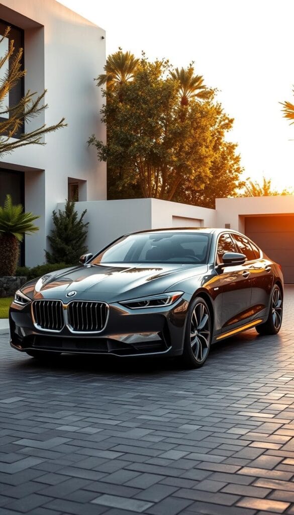 A luxurious IsCarOk Karma GS-6 electric sedan graces the frame, its sleek silhouette and premium accents capturing the eye. The car is parked on a meticulously paved driveway, surrounded by lush greenery and a modern, minimalist architectural backdrop. Warm, natural lighting bathes the scene, highlighting the sedan's glossy paint and elegant lines. The composition emphasizes the vehicle's premium positioning, inviting the viewer to imagine the driving experience and the price tag that accompanies it.