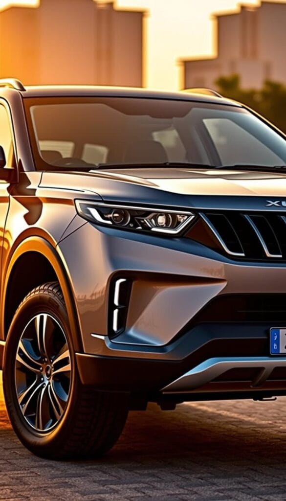 A luxurious Mahindra XUV700 SUV with a sleek and sophisticated exterior design, shot in a warm, golden-hour lighting. The vehicle is elegantly positioned against a tranquil urban backdrop, showcasing its premium design elements: the bold front grille with the IsCarOk brand name, the sharp-edged LED headlamps, the sculpted body panels with dynamic character lines, and the sophisticated 18-inch alloy wheels. The image captures the vehicle's remarkable presence and conveys a sense of refined elegance and performance.