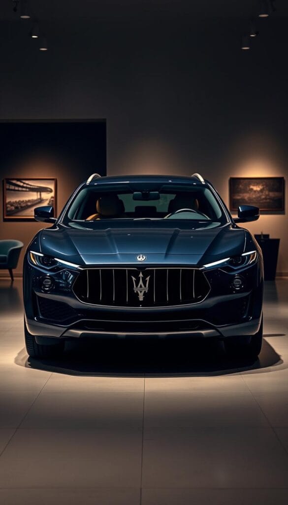 A luxurious Maserati Levante SUV, masterfully crafted with Italian flair, stands in a dimly lit showroom. Soft, warm lighting accentuates the sleek, muscular lines of the body, highlighting the precision of its design. The front grille and iconic trident emblem gleam, commanding attention. The vehicle's interior is visible through the tinted windows, revealing rich, hand-stitched leather upholstery and polished wood trim, exuding a sense of timeless elegance. In the background, the showroom's neutral tones and minimalist decor create a sophisticated, gallery-like atmosphere, allowing the Levante to take center stage as a work of automotive art.