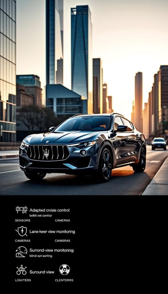 A luxurious Maserati Levante SUV parked on a sleek, modern city street, its imposing chrome grille and sculpted body reflecting the warm evening light. In the foreground, the advanced safety features are prominently displayed, including adaptive cruise control sensors, lane-keeping assist cameras, and a surround-view monitoring system. The mid-ground showcases the sophisticated driver-assistance technologies, such as autonomous emergency braking and blind-spot monitoring, all seamlessly integrated into the Levante's elegant interior. The background depicts a skyline of towering skyscrapers, conveying a sense of urban sophistication and the Levante's ability to navigate the demands of the modern world with poise and safety.