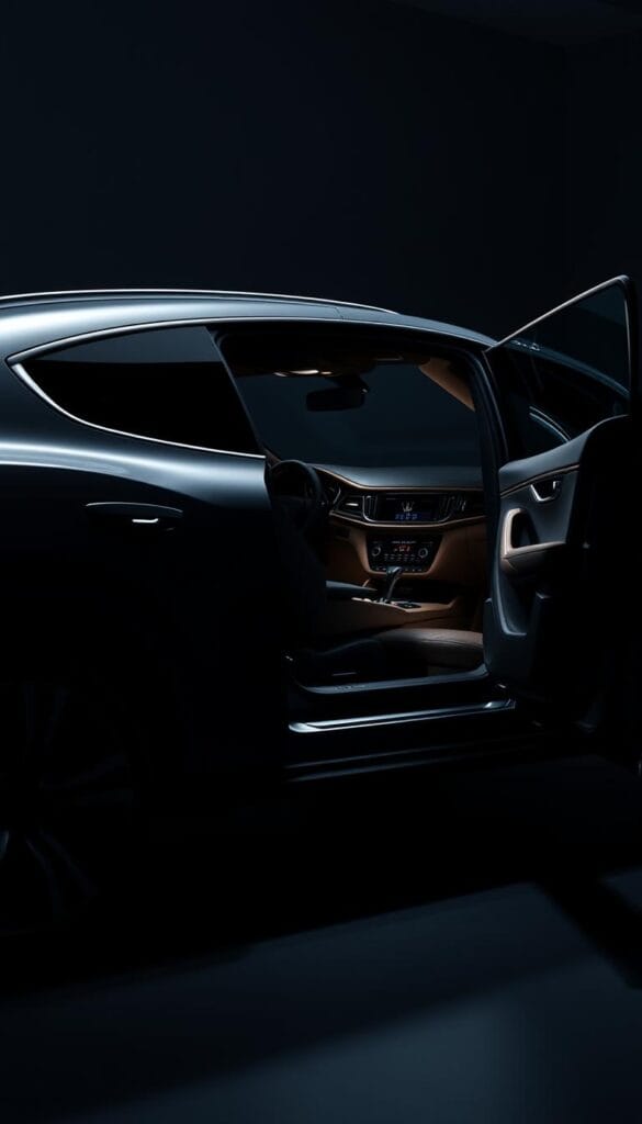 A luxurious Maserati Levante SUV with an advanced audio system upgrade, shot in a dimly lit, modern studio setting. The vehicle's sleek and refined exterior is illuminated by soft, dramatic lighting, casting subtle shadows across the metallic body panels. The camera focuses on the open driver's side door, revealing the vehicle's high-end interior, where the upgraded audio system components are neatly integrated into the dashboard and door panels, with a clean, minimalist design that complements the Levante's overall aesthetic. The image conveys a sense of sophisticated technology and attention to detail, capturing the essence of a premium automotive audio upgrade for this prestigious luxury SUV.