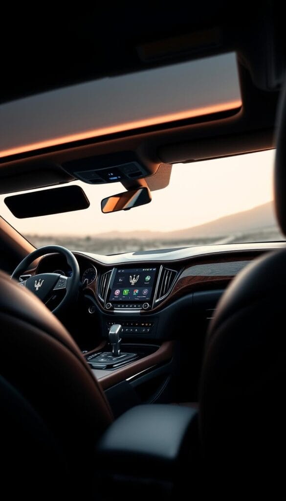A luxurious Maserati Levante SUV's interior, showcasing an exquisite audio system. The dashboard and center console display a sleek, high-end design, with premium materials like leather, wood, and brushed metal accents. The audio controls are seamlessly integrated, with a large infotainment screen dominating the center of the dashboard. Ambient lighting subtly illuminates the cabin, creating a warm and inviting atmosphere. The front seats are deeply contoured, providing both comfort and support. The overall impression is one of refined sophistication, where the audio system is a seamless extension of the vehicle's elegant design.