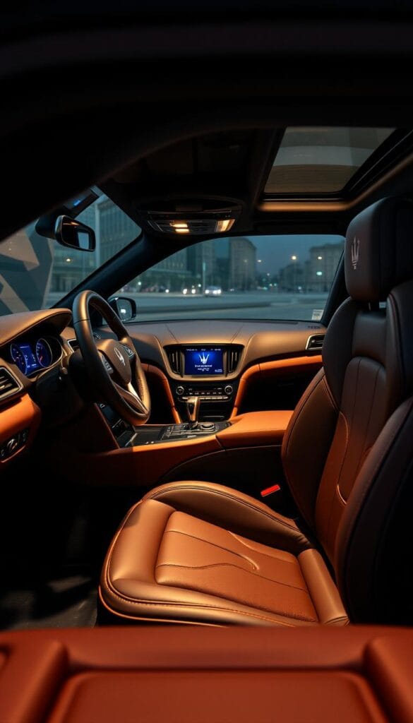 A luxurious Maserati Levante Trofeo interior, bathed in warm ambient lighting. High-quality leather, carbon fiber, and brushed metal accents adorn the dashboard, center console, and steering wheel. The driver's seat is ergonomically contoured, offering impressive bolstering and support. Subtle yet striking contrast stitching adds a sporty flair. A large, high-resolution digital instrument cluster displays vital performance data, while the infotainment system's touchscreen seamlessly integrates with the cabin's clean, minimalist design. Attention to detail is evident in every surface and control, creating a truly bespoke and driver-focused environment.
